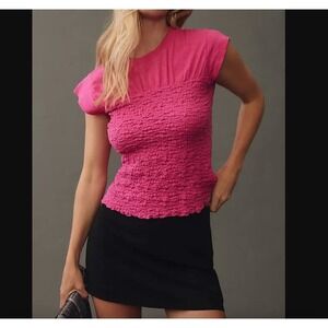 Anthropologie Maeve Sz L Smocked Muscle Top Pink Cotton Stretchy Soft Coquette